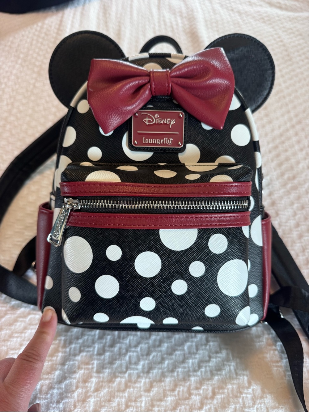 Loungefly Disney Black White Polka Dot Mini Backpack with Burgundy Bow